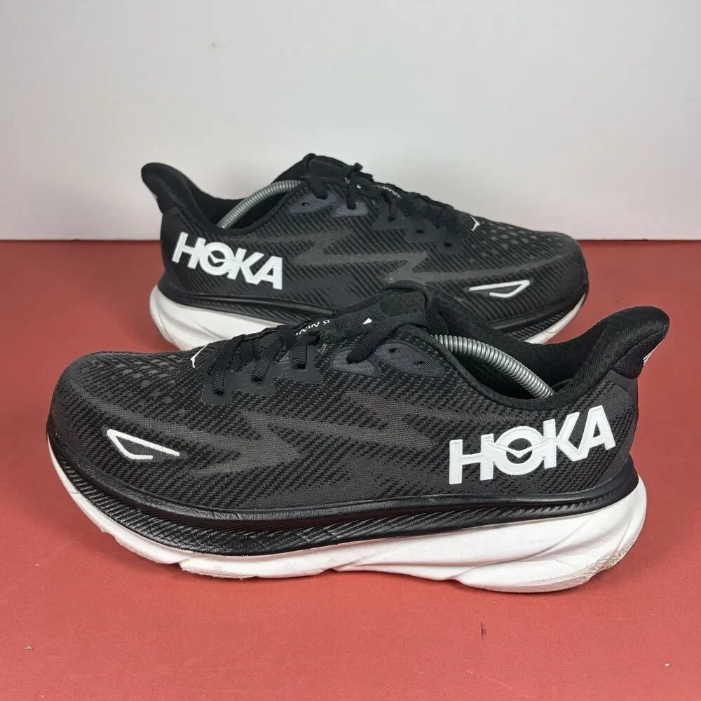 Hoka One One Clifton 9 Shoes Womens Size 9.5 Black Running Sneakers 1127896 BWHT